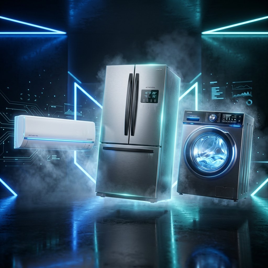 High-tech split AC, Refrigerator and Washing Machine repair illustration